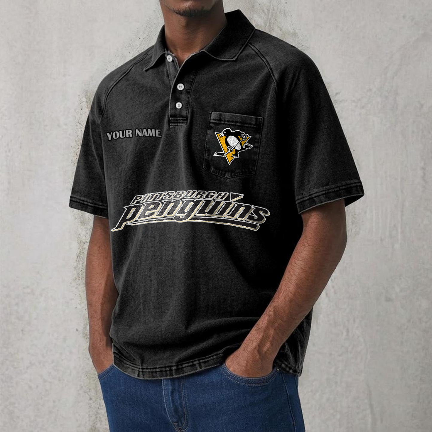 PIT x NHL Men's Distressed Turn-Down Collar Polo DATND TANTD 250526