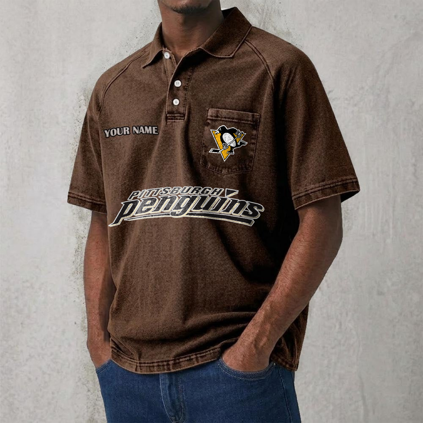 PIT x NHL Men's Distressed Turn-Down Collar Polo DATND TANTD 250526