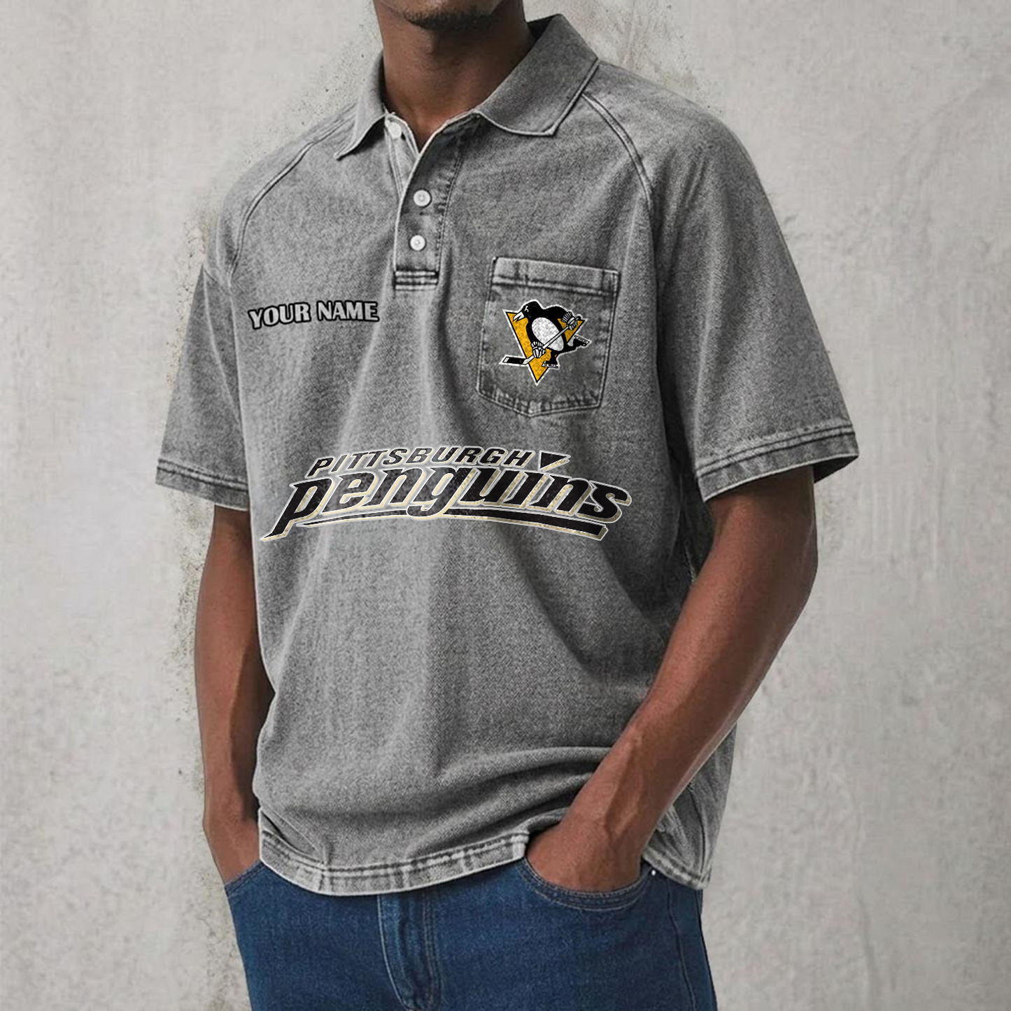 PIT x NHL Men's Distressed Turn-Down Collar Polo DATND TANTD 250526