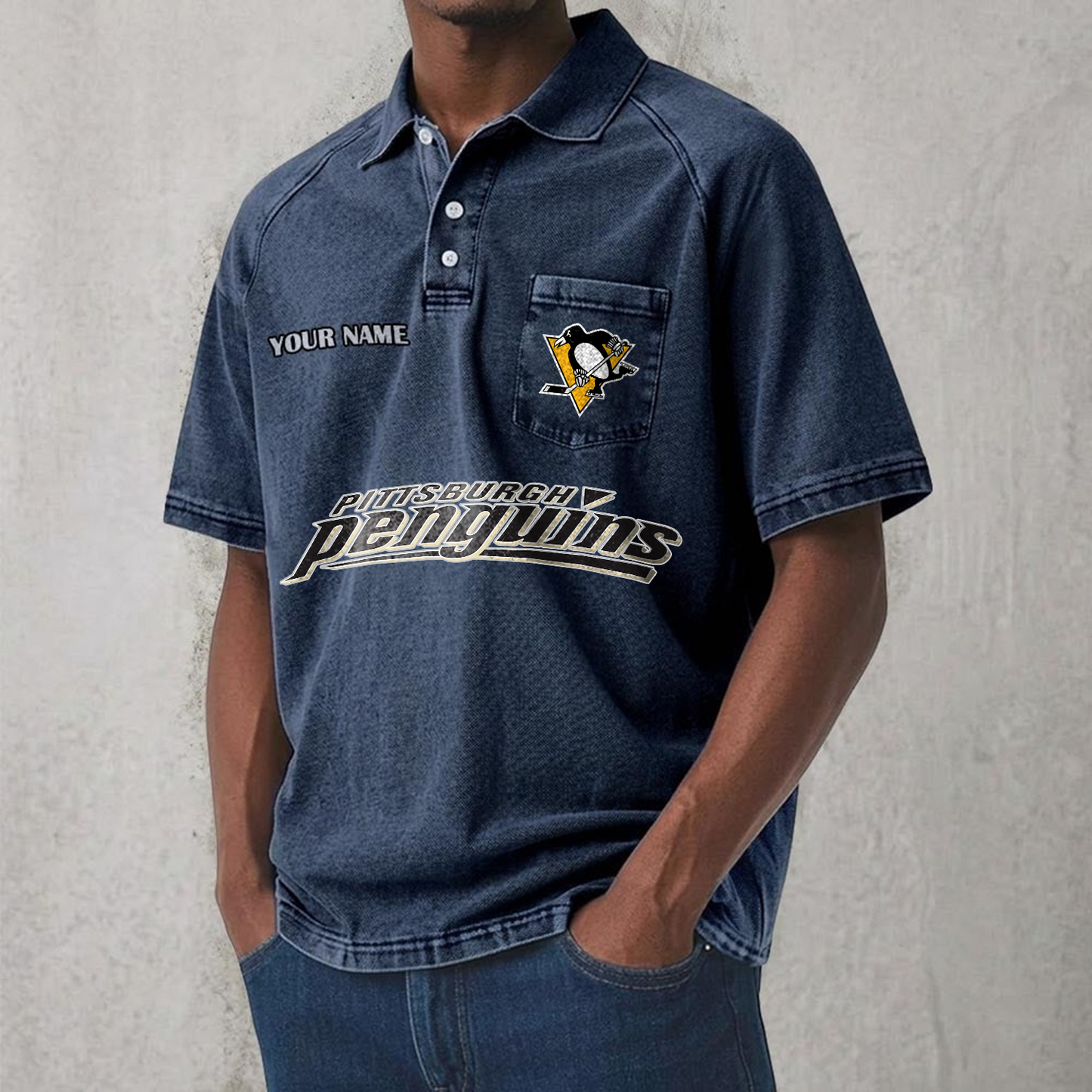 PIT x NHL Men's Distressed Turn-Down Collar Polo DATND TANTD 250526