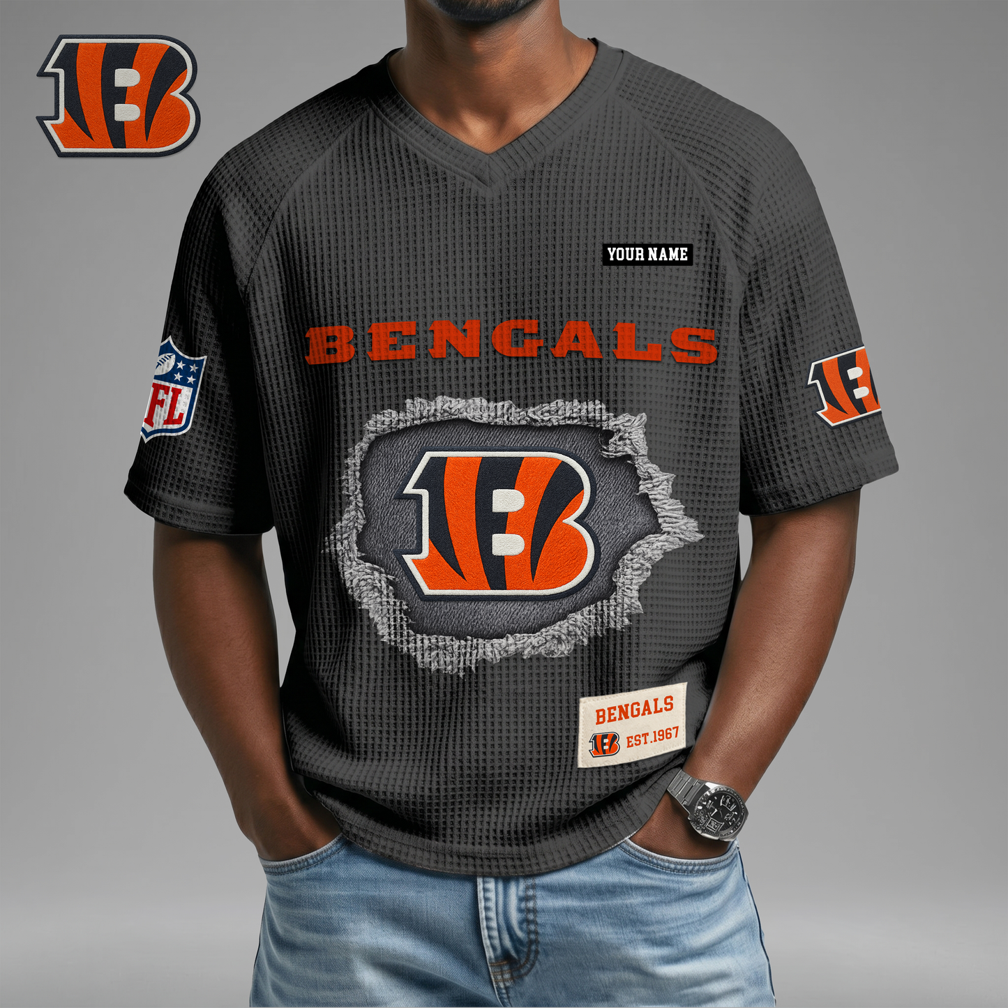 PREMIUM NFL X CIN Game Day Waffle V-neck T-shirt 110626