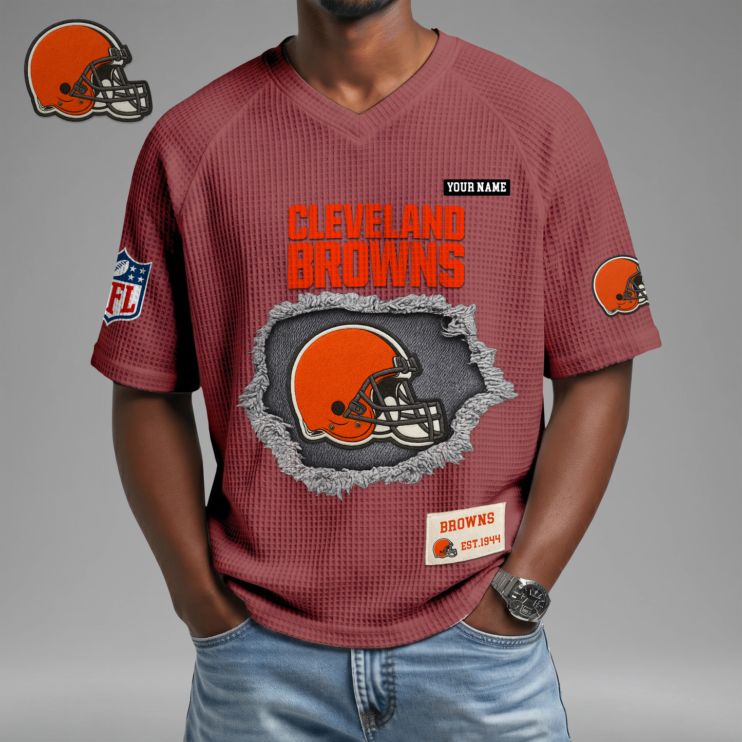 PREMIUM NFL X CLE Game Day Waffle V-neck T-shirt 110626