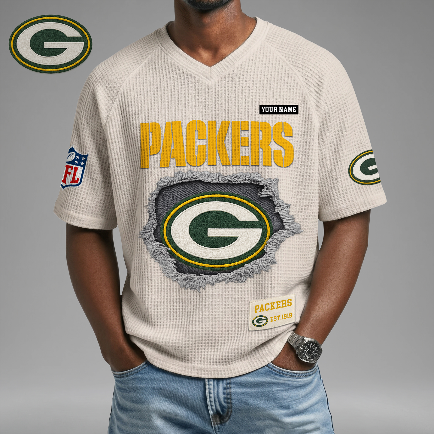 PREMIUM NFL X GBP Game Day Waffle V-neck T-shirt 110626