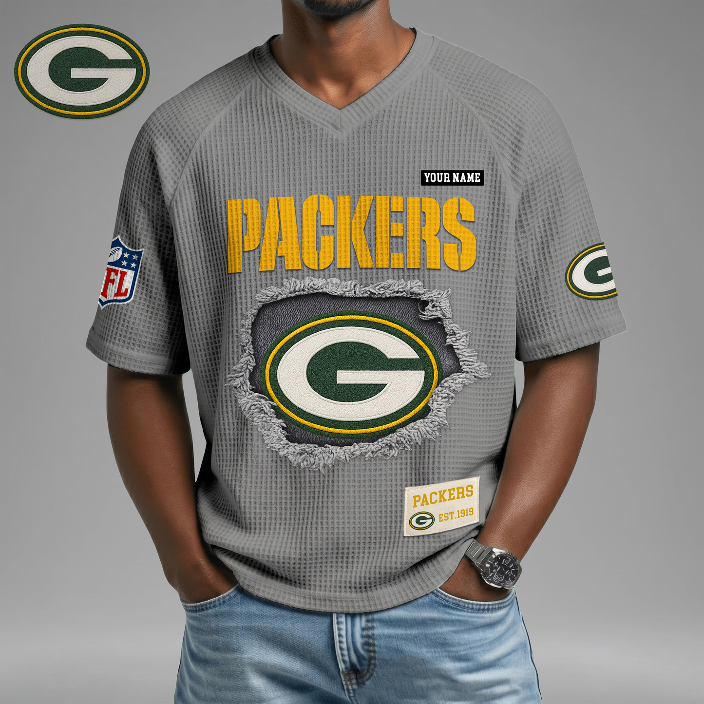 PREMIUM NFL X GBP Game Day Waffle V-neck T-shirt 110626