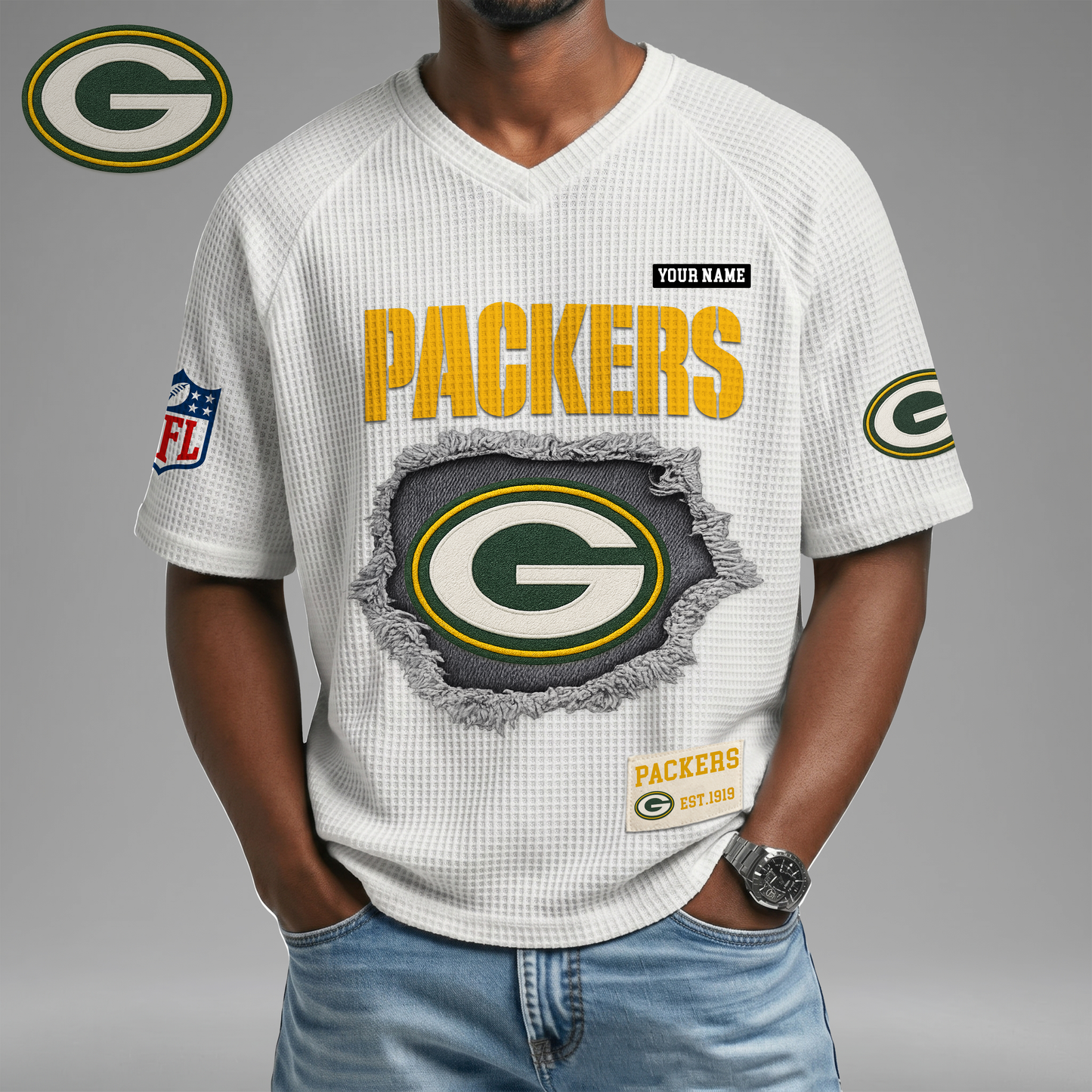 PREMIUM NFL X GBP Game Day Waffle V-neck T-shirt 110626