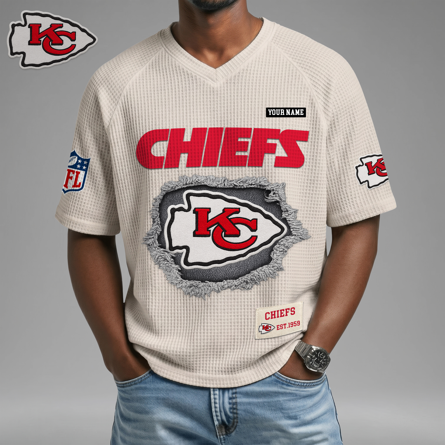 PREMIUM NFL X KC Game Day Waffle V-neck T-shirt 110626