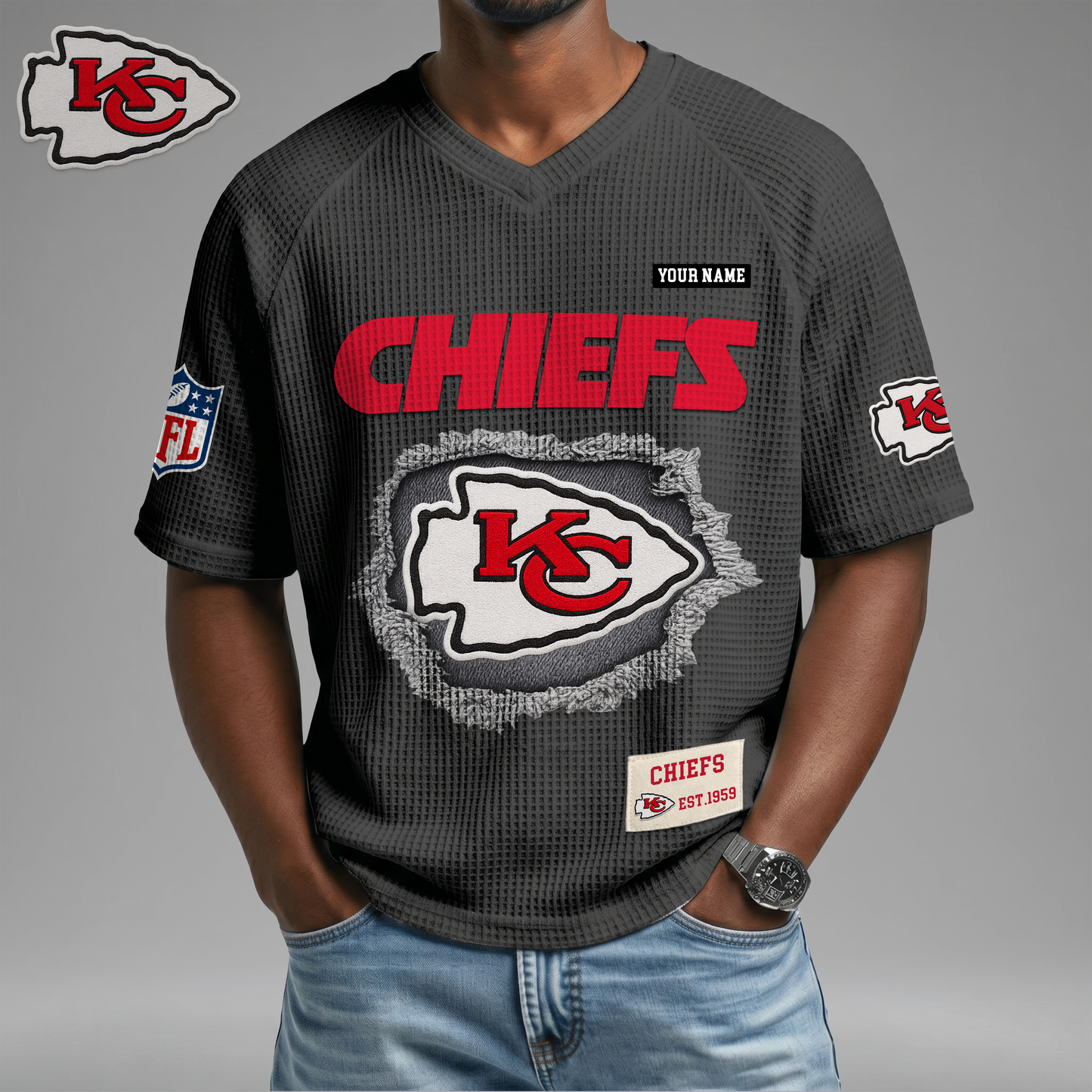 PREMIUM NFL X KC Game Day Waffle V-neck T-shirt 110626