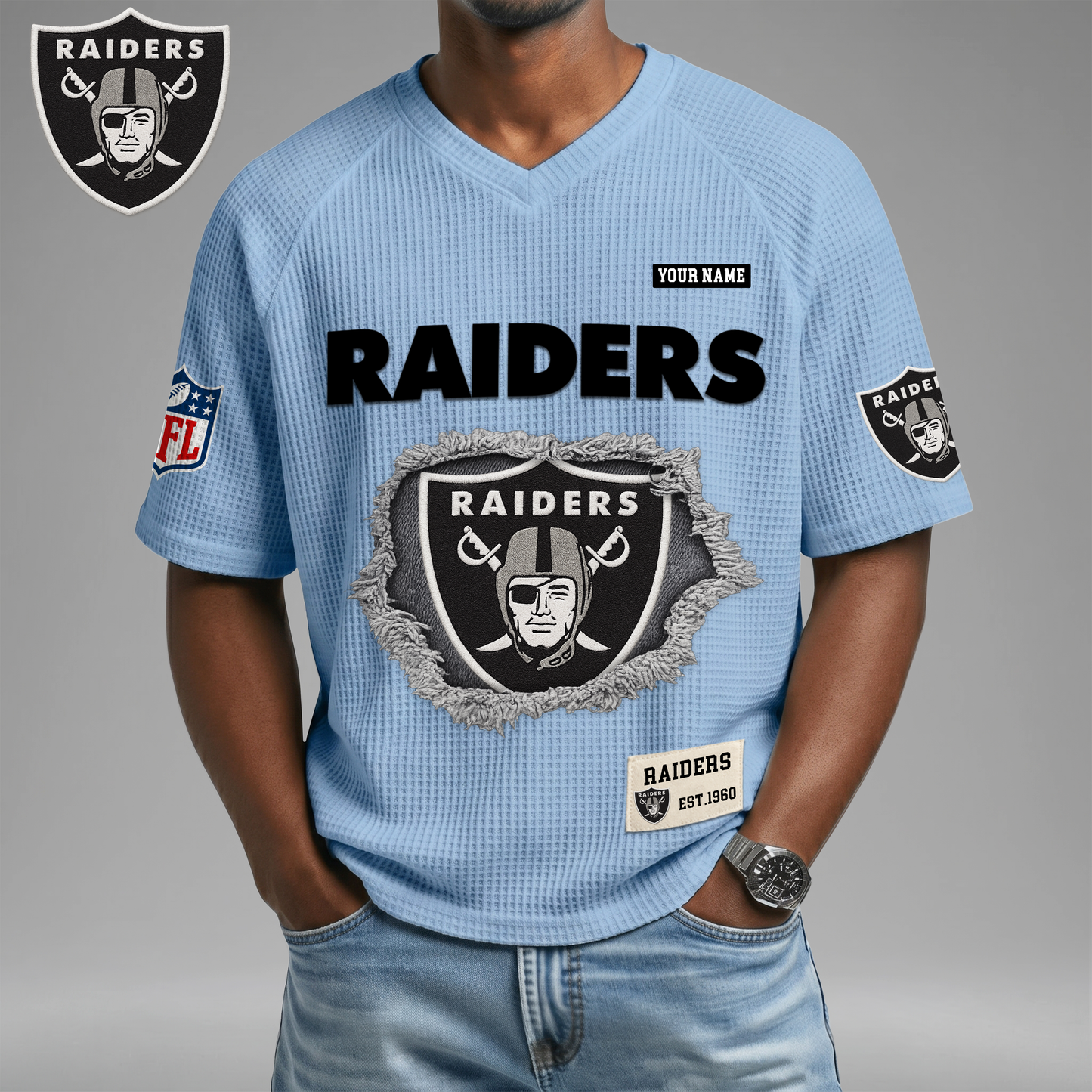 PREMIUM NFL X LVR Game Day Waffle V-neck T-shirt 110626