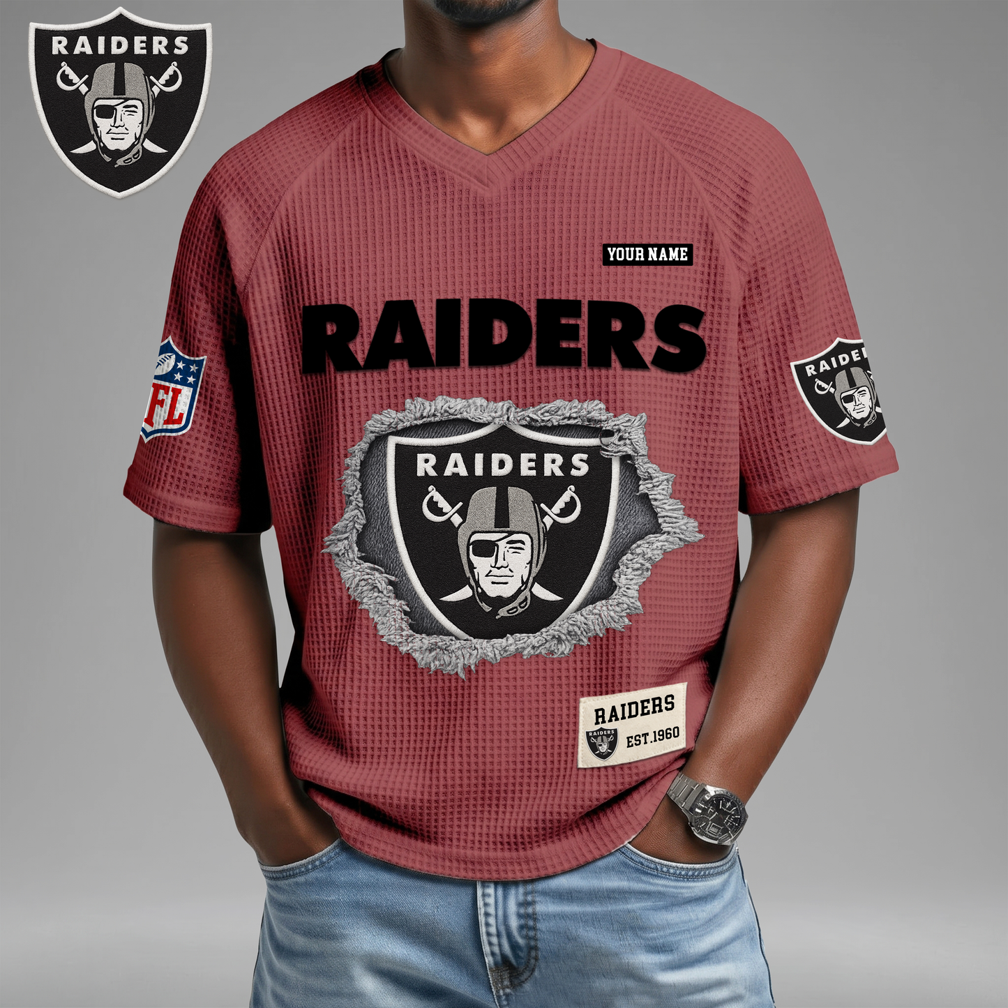 PREMIUM NFL X LVR Game Day Waffle V-neck T-shirt 110626