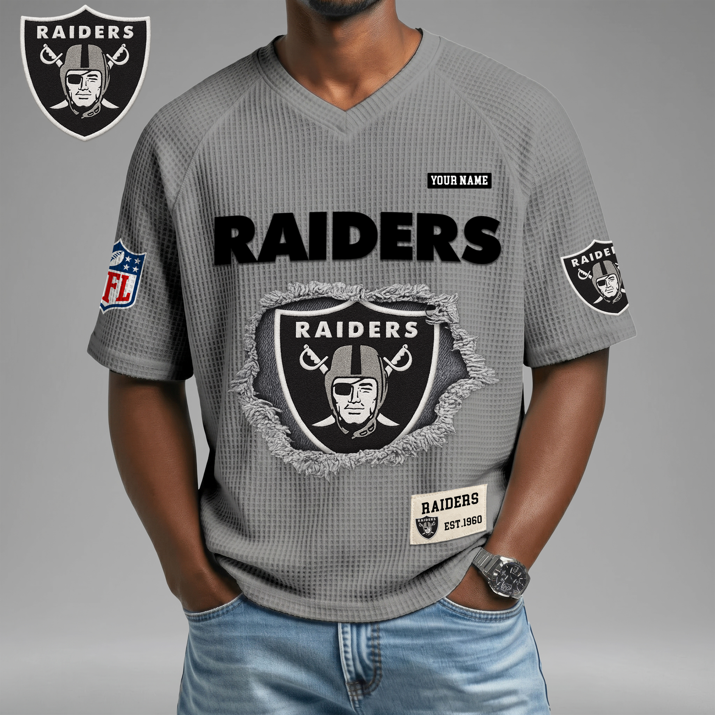 PREMIUM NFL X LVR Game Day Waffle V-neck T-shirt 110626