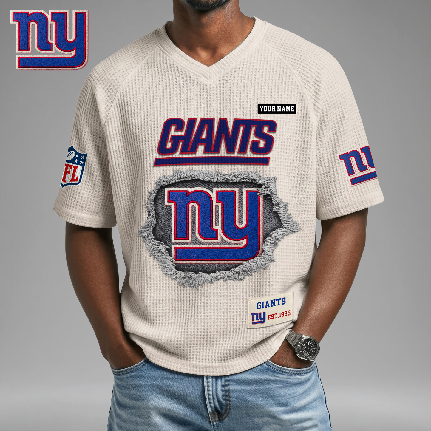 PREMIUM NFL X NYG Game Day Waffle V-neck T-shirt 110626