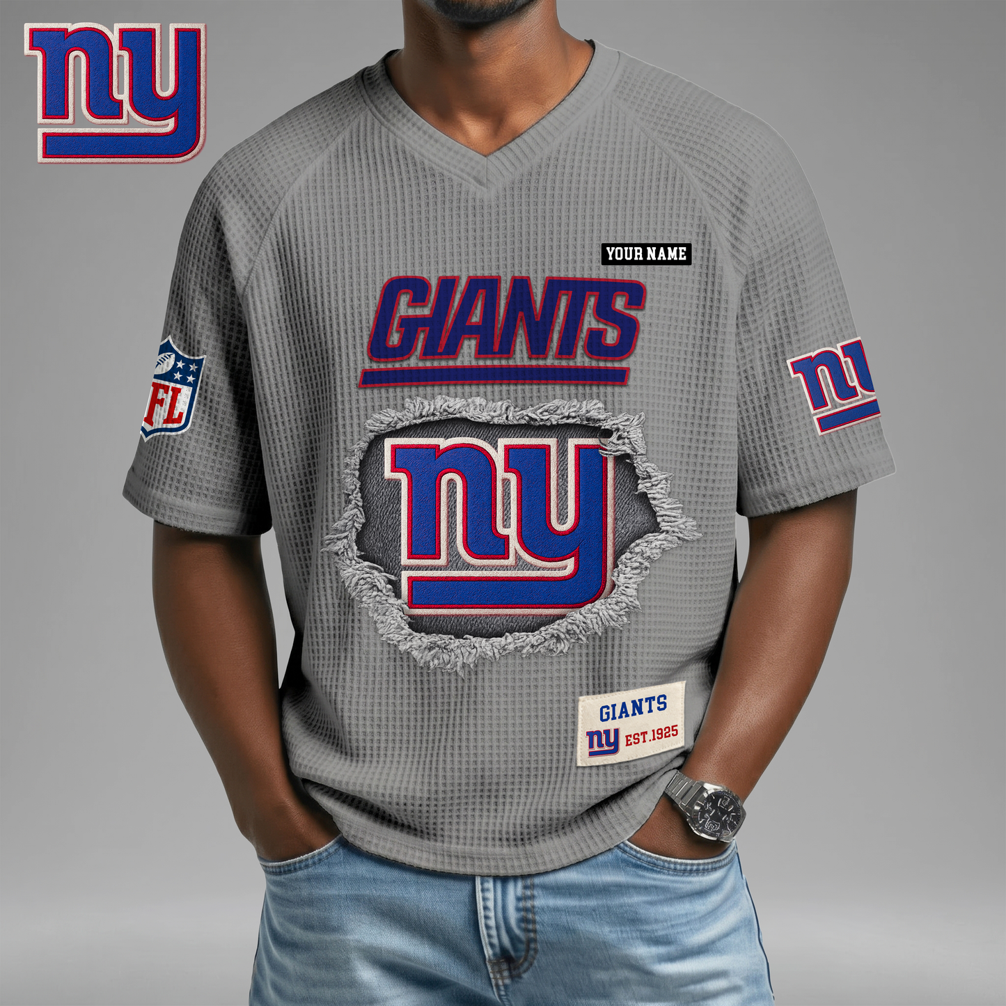 PREMIUM NFL X NYG Game Day Waffle V-neck T-shirt 110626