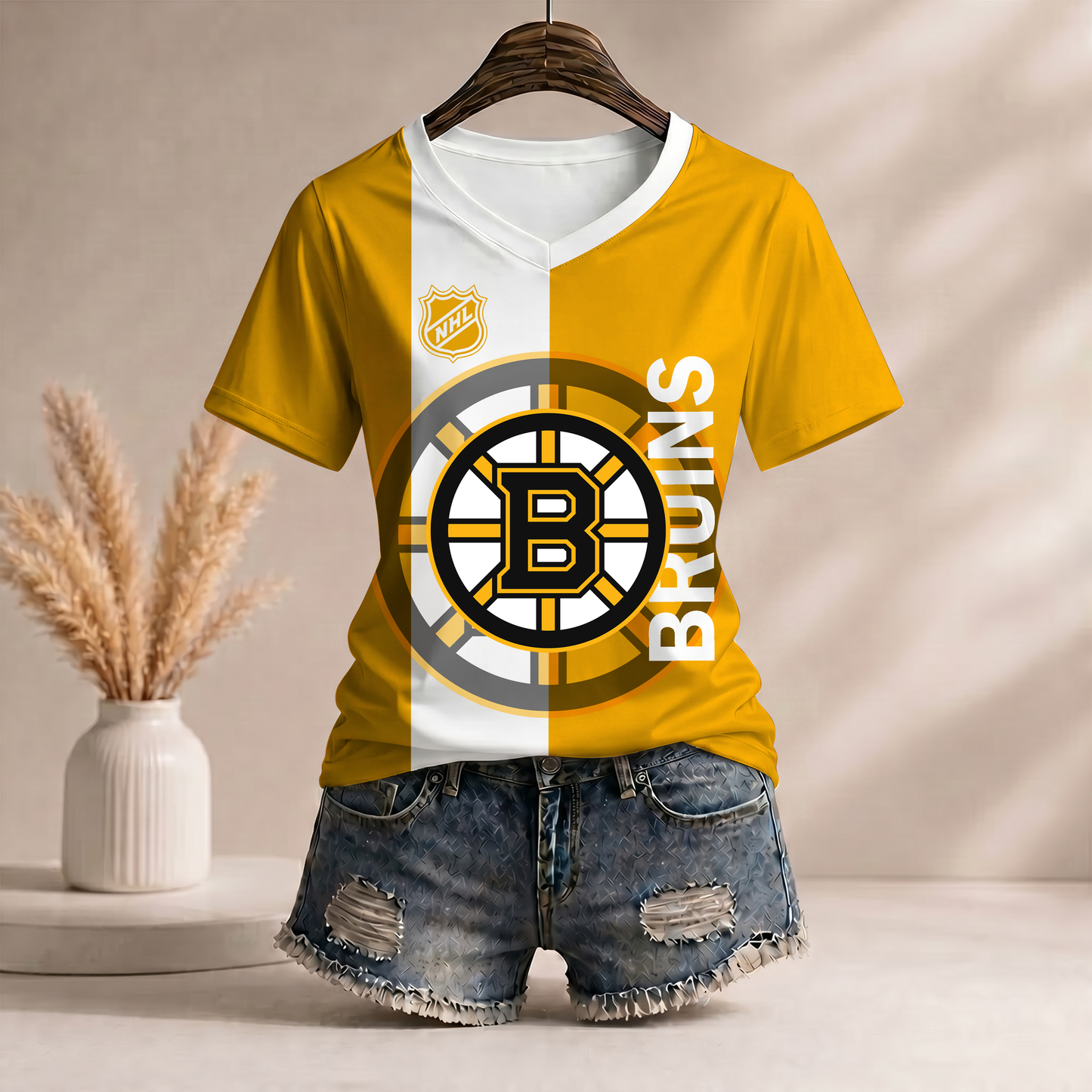 PREMIUM NHL X BB Women’s Casual Loose Stripe V-Neck T-Shirt NDT VHM 290526