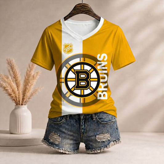 PREMIUM NHL X BB Women’s Casual Loose Stripe V-Neck T-Shirt NDT VHM 290526