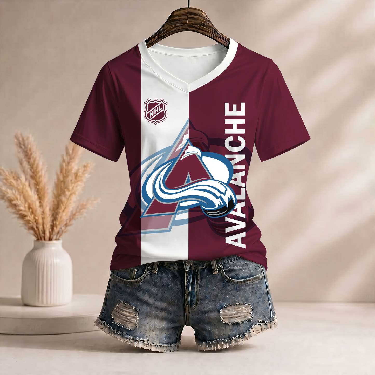 PREMIUM NHL X CA Women’s Casual Loose Stripe V-Neck T-Shirt NDT VHM 290526
