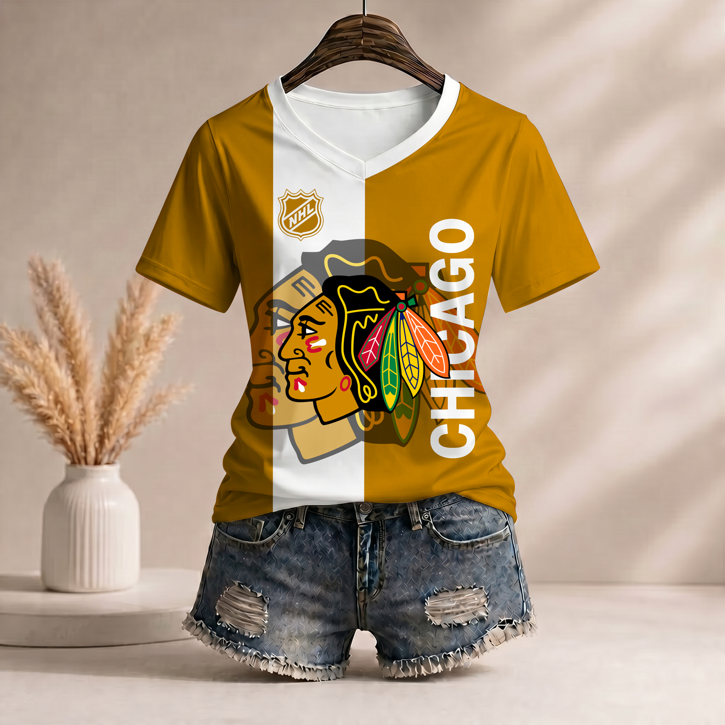 PREMIUM NHL X CB Women’s Casual Loose Stripe V-Neck T-Shirt NDT VHM 290526