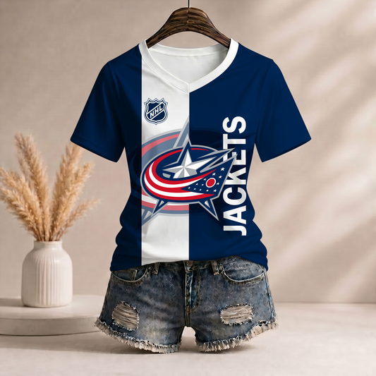PREMIUM NHL X CBJ Women’s Casual Loose Stripe V-Neck T-Shirt NDT VHM 290526