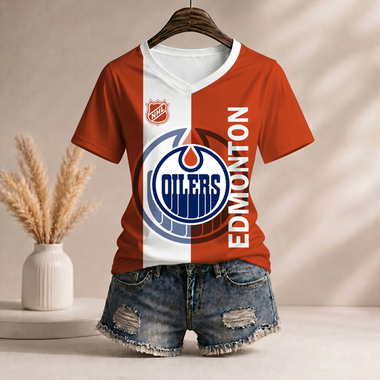 PREMIUM NHL X EO Women’s Casual Loose Stripe V-Neck T-Shirt NDT VHM 290526