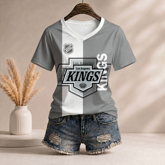 PREMIUM NHL X LAK Women’s Casual Loose Stripe V-Neck T-Shirt NDT VHM 290526