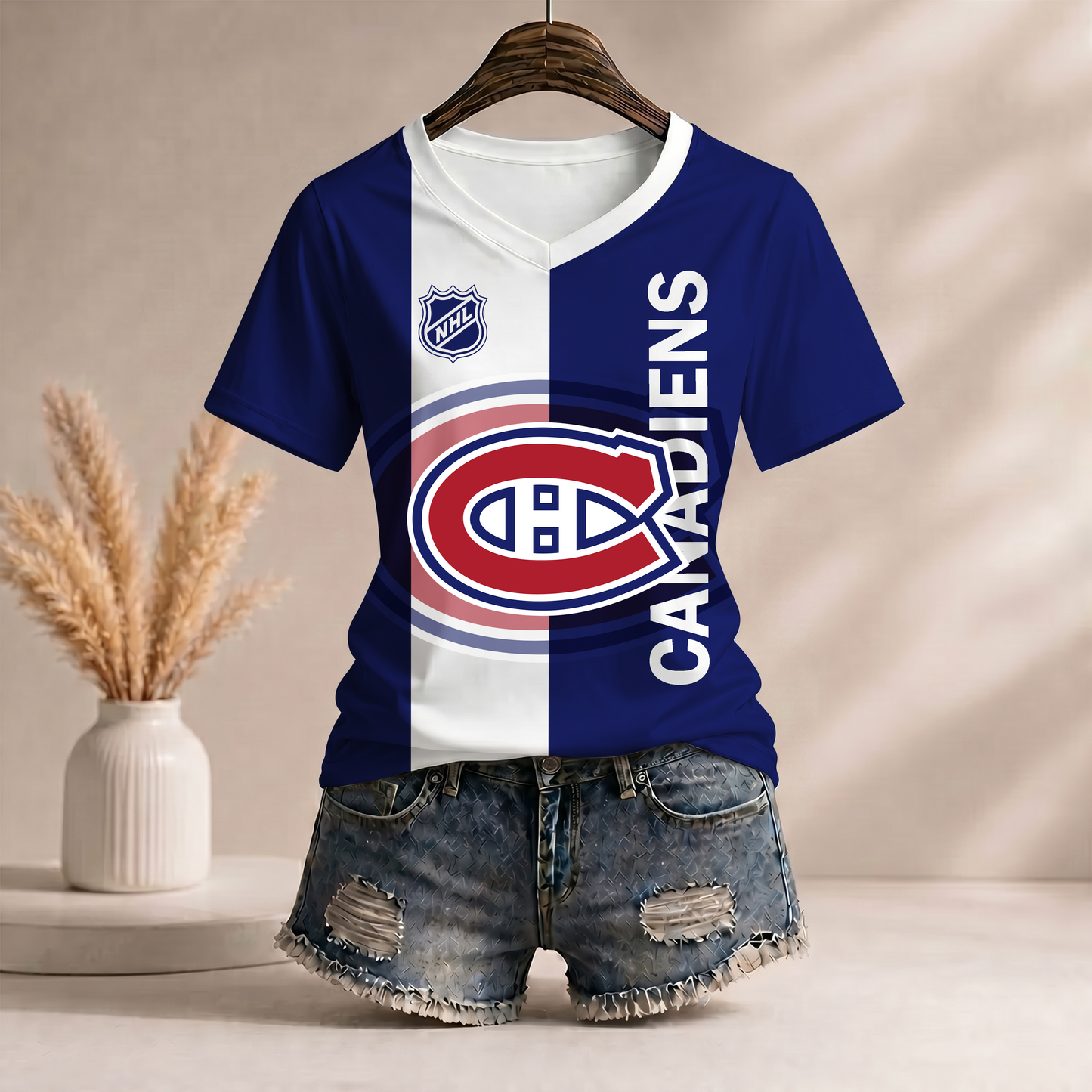 PREMIUM NHL X MC Women’s Casual Loose Stripe V-Neck T-Shirt NDT VHM 290526