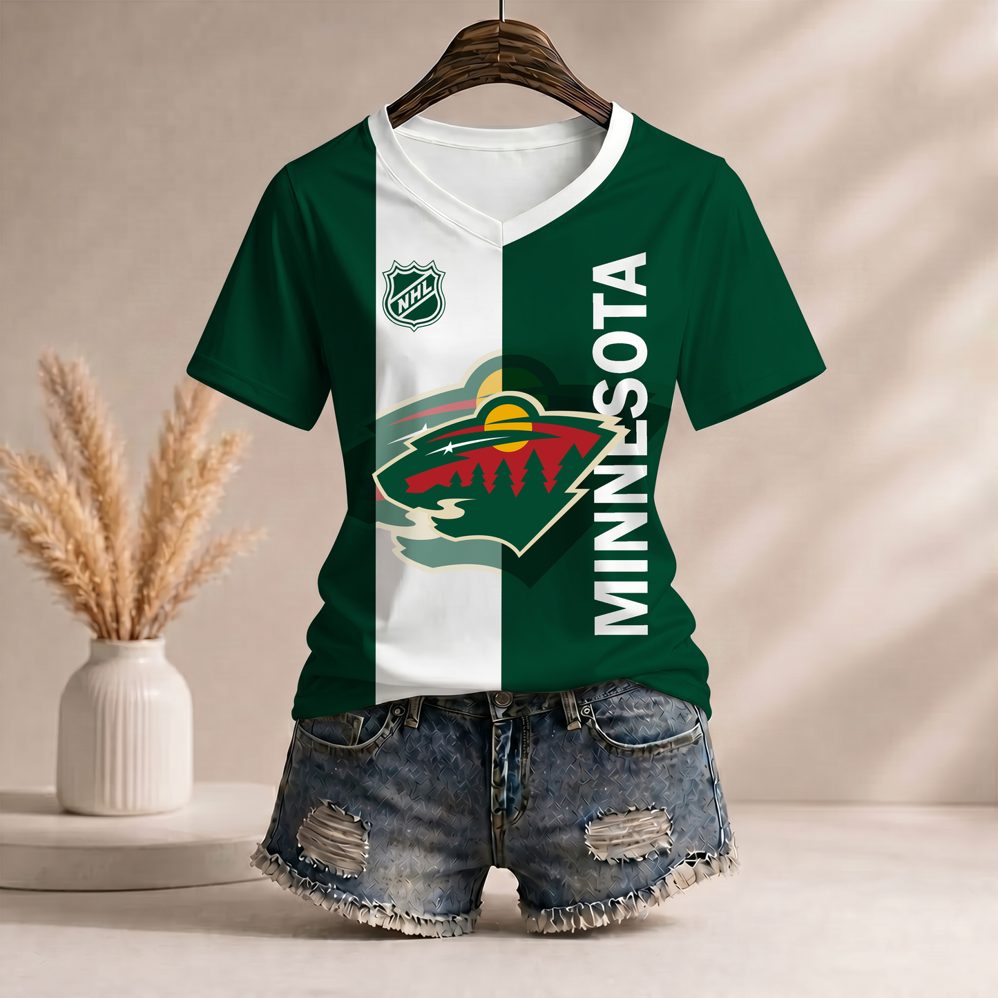 PREMIUM NHL X MW Women’s Casual Loose Stripe V-Neck T-Shirt NDT VHM 290526