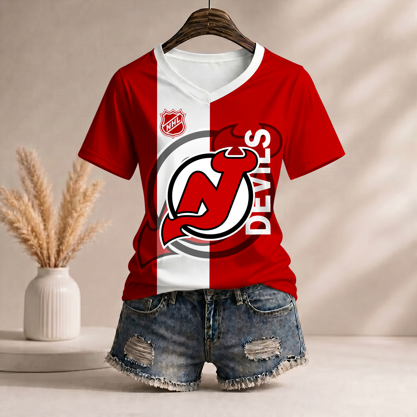 PREMIUM NHL X NJD Women’s Casual Loose Stripe V-Neck T-Shirt NDT VHM 290526