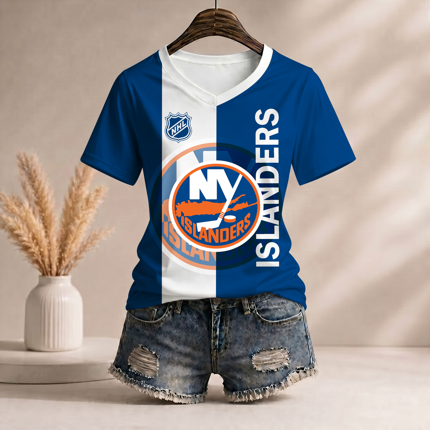 PREMIUM NHL X NYI Women’s Casual Loose Stripe V-Neck T-Shirt NDT VHM 290526