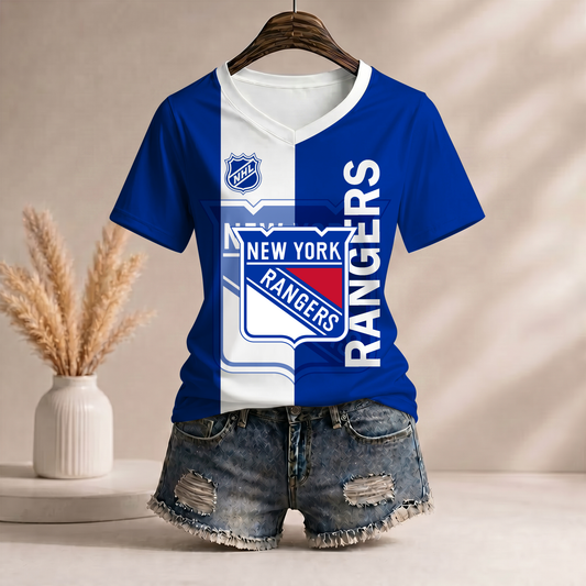 PREMIUM NHL X NYR Women’s Casual Loose Stripe V-Neck T-Shirt NDT VHM 290526
