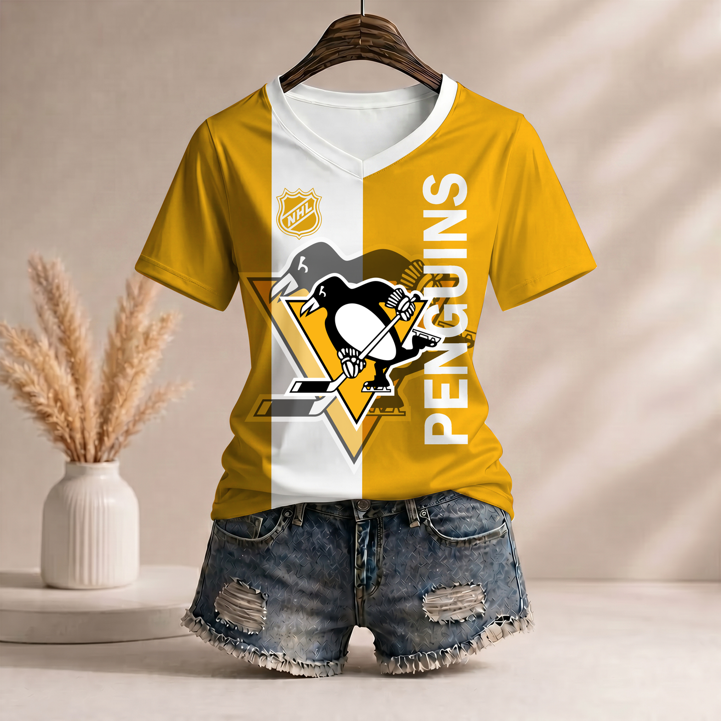 PREMIUM NHL X PP Women’s Casual Loose Stripe V-Neck T-Shirt NDT VHM 290526