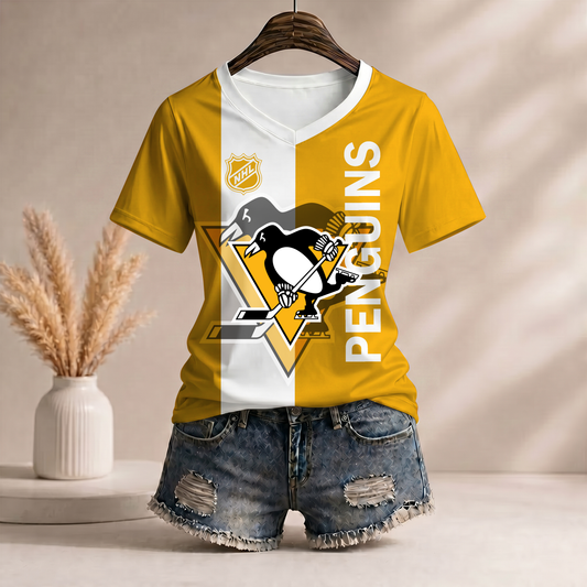 PREMIUM NHL X PP Women’s Casual Loose Stripe V-Neck T-Shirt NDT VHM 290526