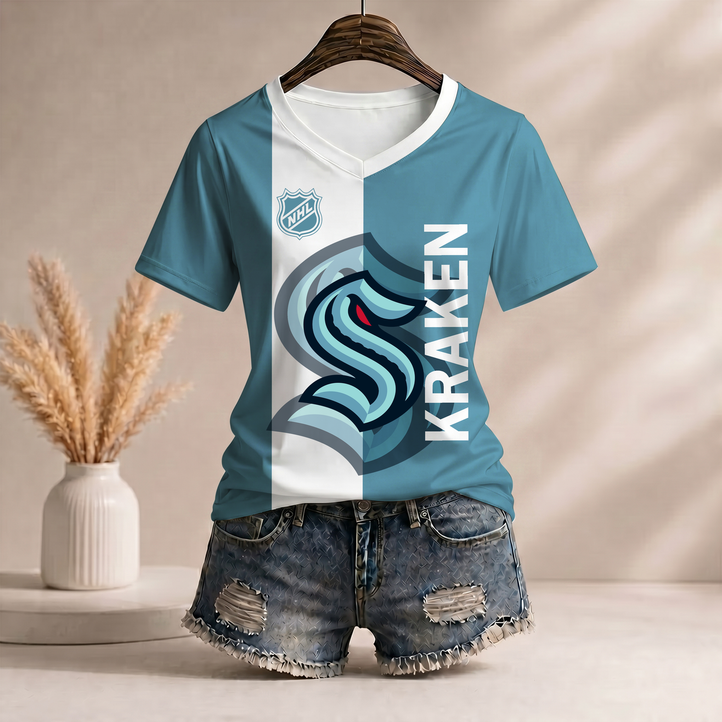 PREMIUM NHL X SK Women’s Casual Loose Stripe V-Neck T-Shirt NDT VHM 290526
