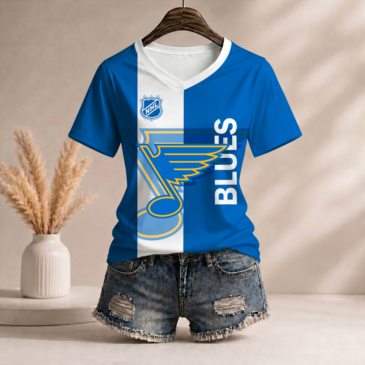 PREMIUM NHL X SLB Women’s Casual Loose Stripe V-Neck T-Shirt NDT VHM 290526