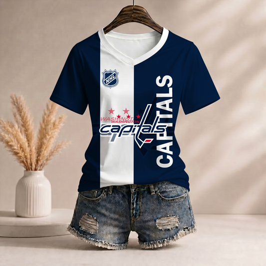 PREMIUM NHL X WC Women’s Casual Loose Stripe V-Neck T-Shirt NDT VHM 290526