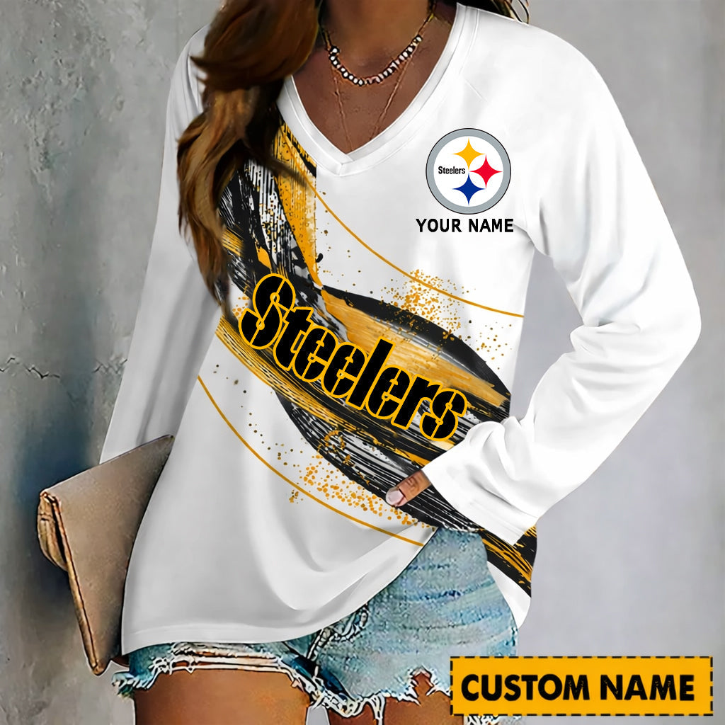PREMIUM NFL X PIT Women‘s V-Neck Long-Sleeved Shirt - Custom Name Gifts For Fans NDT NHM 240226