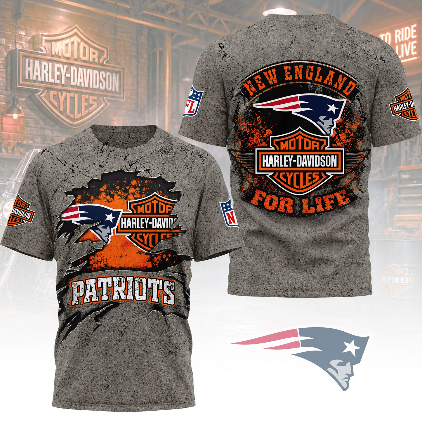 Premium NFL NE x Harley Davidson For Life T-shirt V5 NMD 180526 TTV