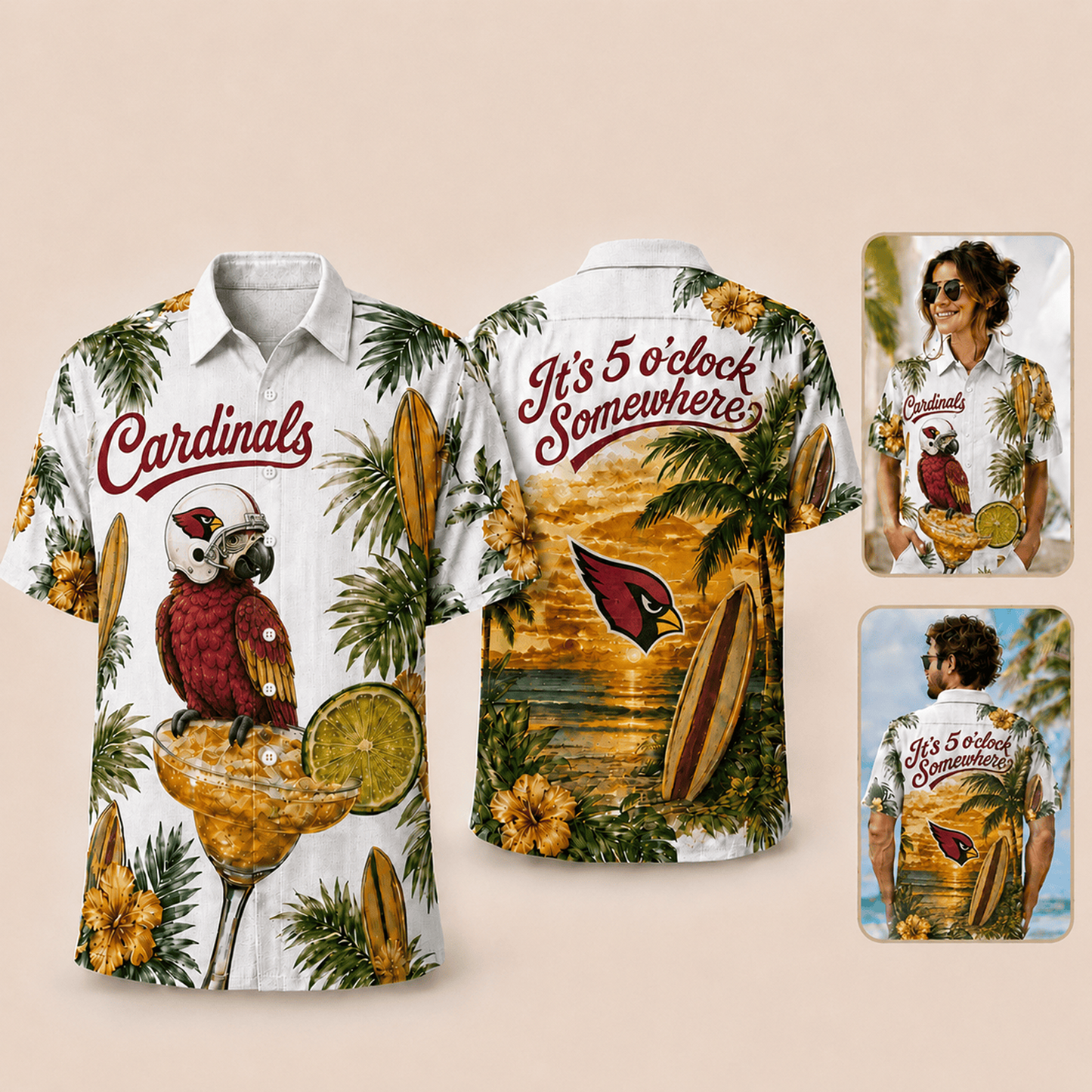 Premium NFL x ARI It's 5 O'clock Somewhere Button Up Tropical Parrot Hawaiian Shirt 110626