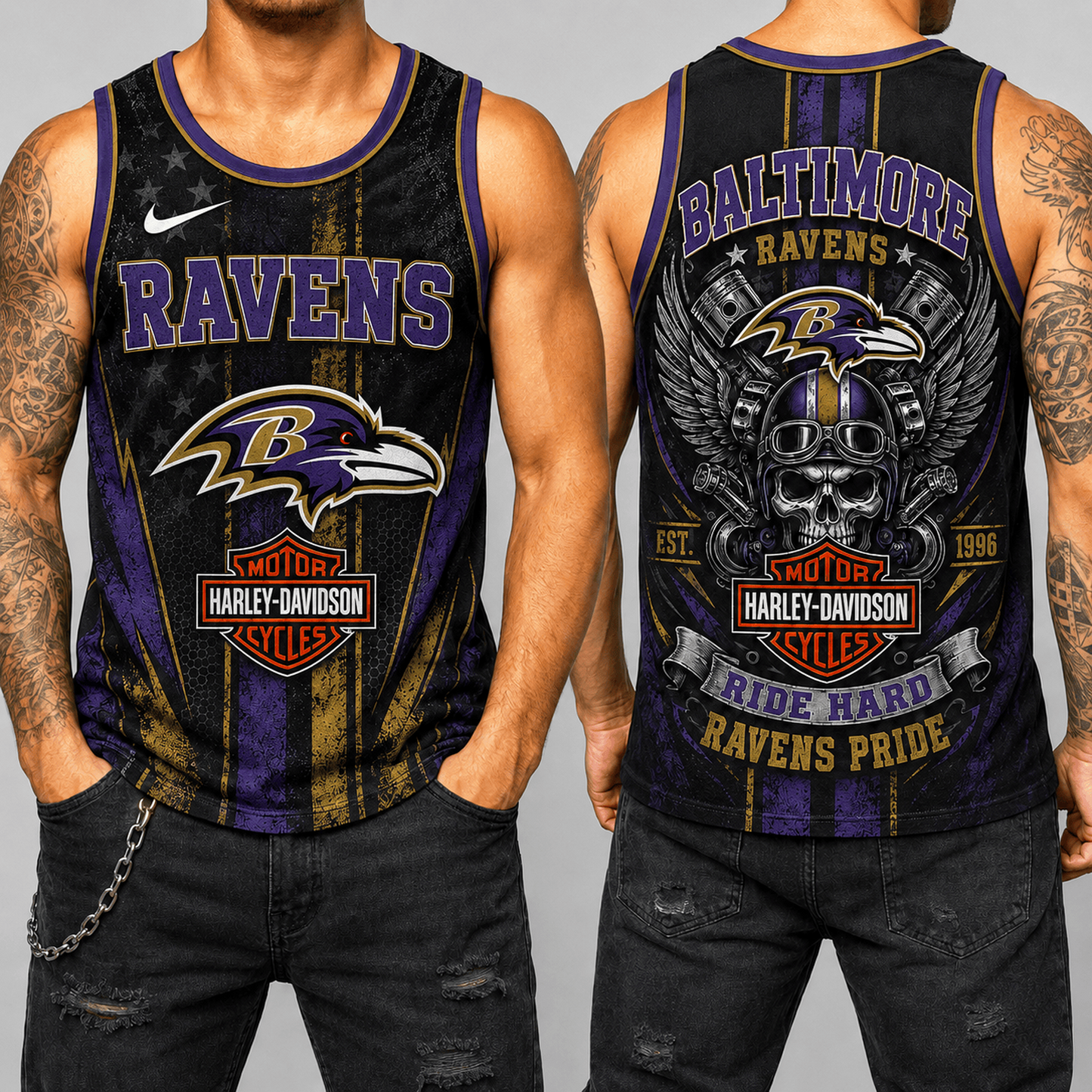 Premium NFL x BAL Motorcycle Skull Biker Ride Hard Tank Top 130626
