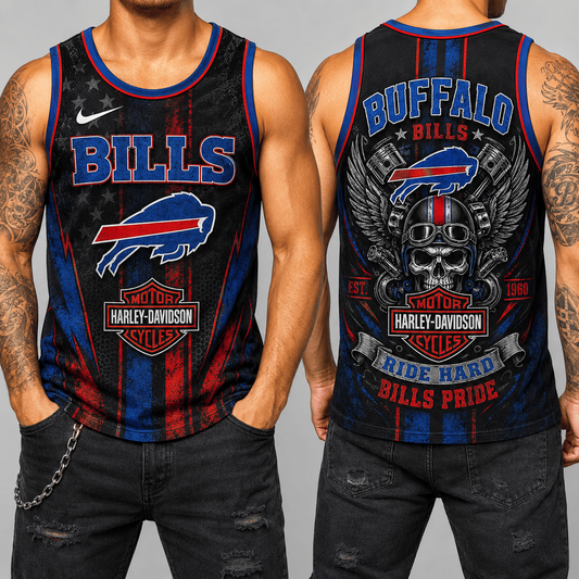 Premium NFL x BUF Motorcycle Skull Biker Ride Hard Tank Top 130626