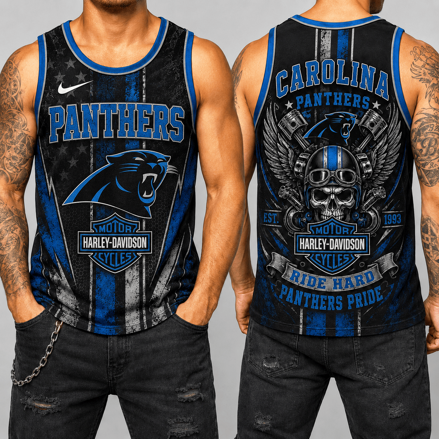 Premium NFL x CAR Motorcycle Skull Biker Ride Hard Tank Top 130626
