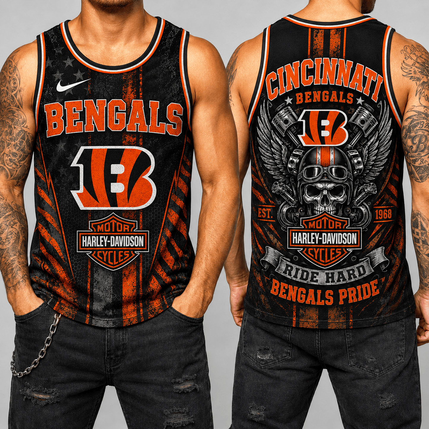 Premium NFL x CIN Motorcycle Skull Biker Ride Hard Tank Top 130626