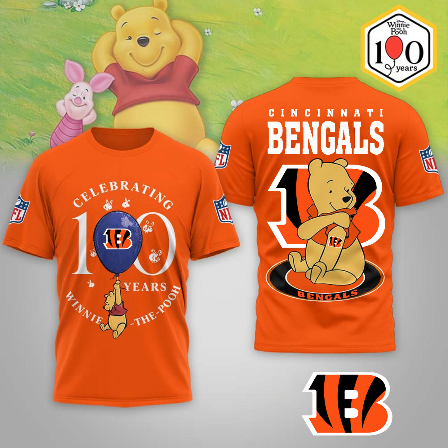 Premium NFL x CIN Winnie The Pooh 100th Anniversary 3D Shirt DATND TANTD