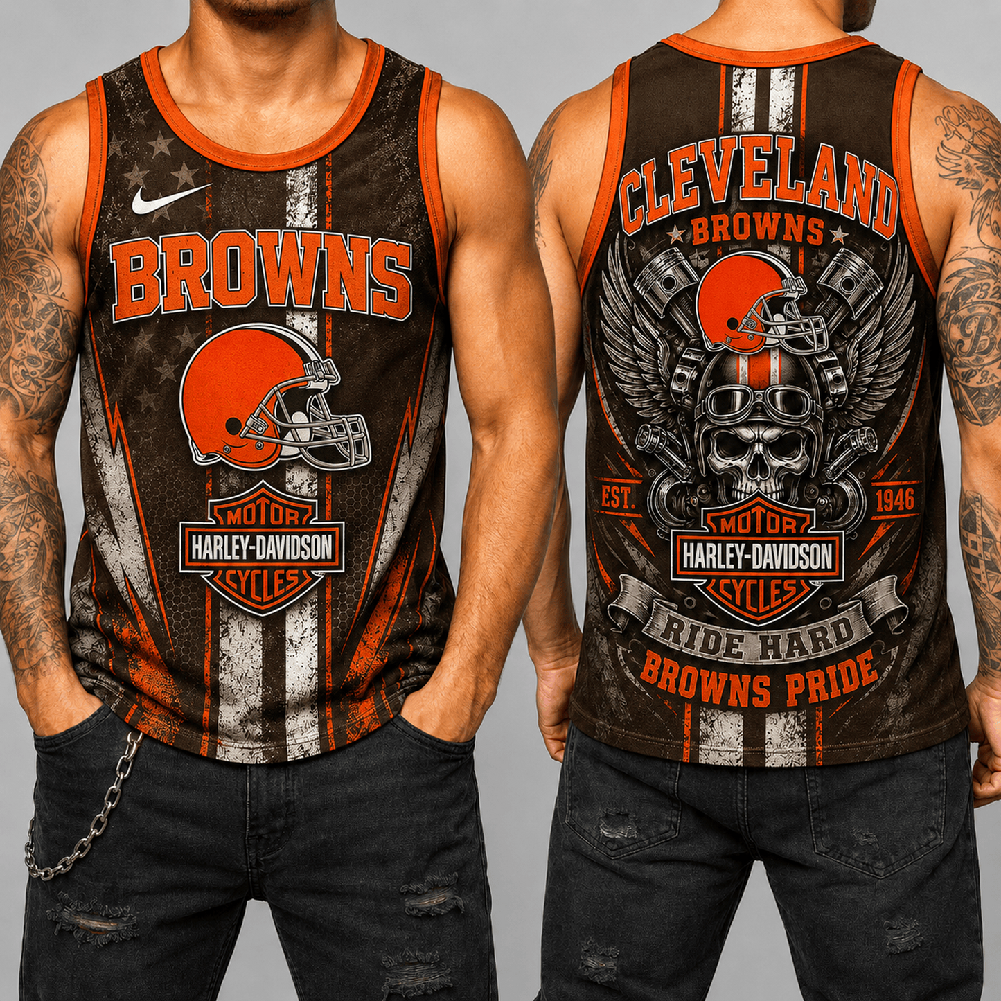 Premium NFL x CLE Motorcycle Skull Biker Ride Hard Tank Top 130626