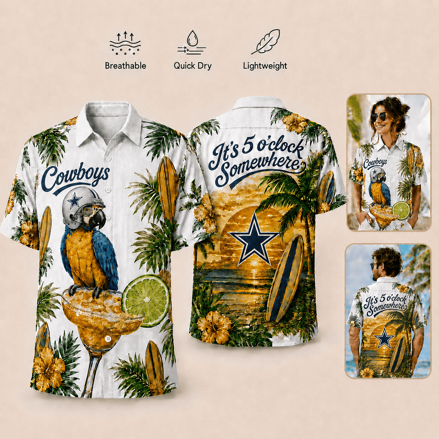 Premium NFL x DAL It's 5 O'clock Somewhere Button Up Tropical Parrot Hawaiian Shirt 110626