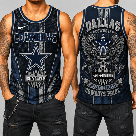 Premium NFL x DAL Motorcycle Skull Biker Ride Hard Tank Top 130626