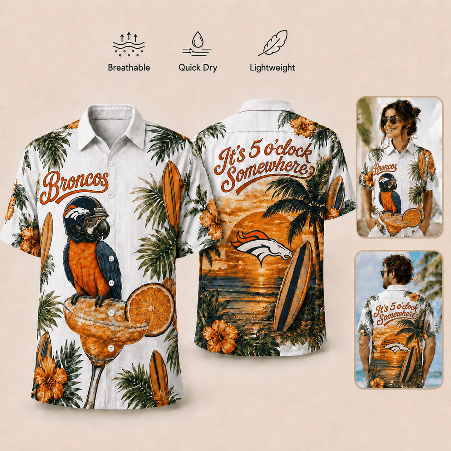 Premium NFL x DEN It's 5 O'clock Somewhere Button Up Tropical Parrot Hawaiian Shirt 110626