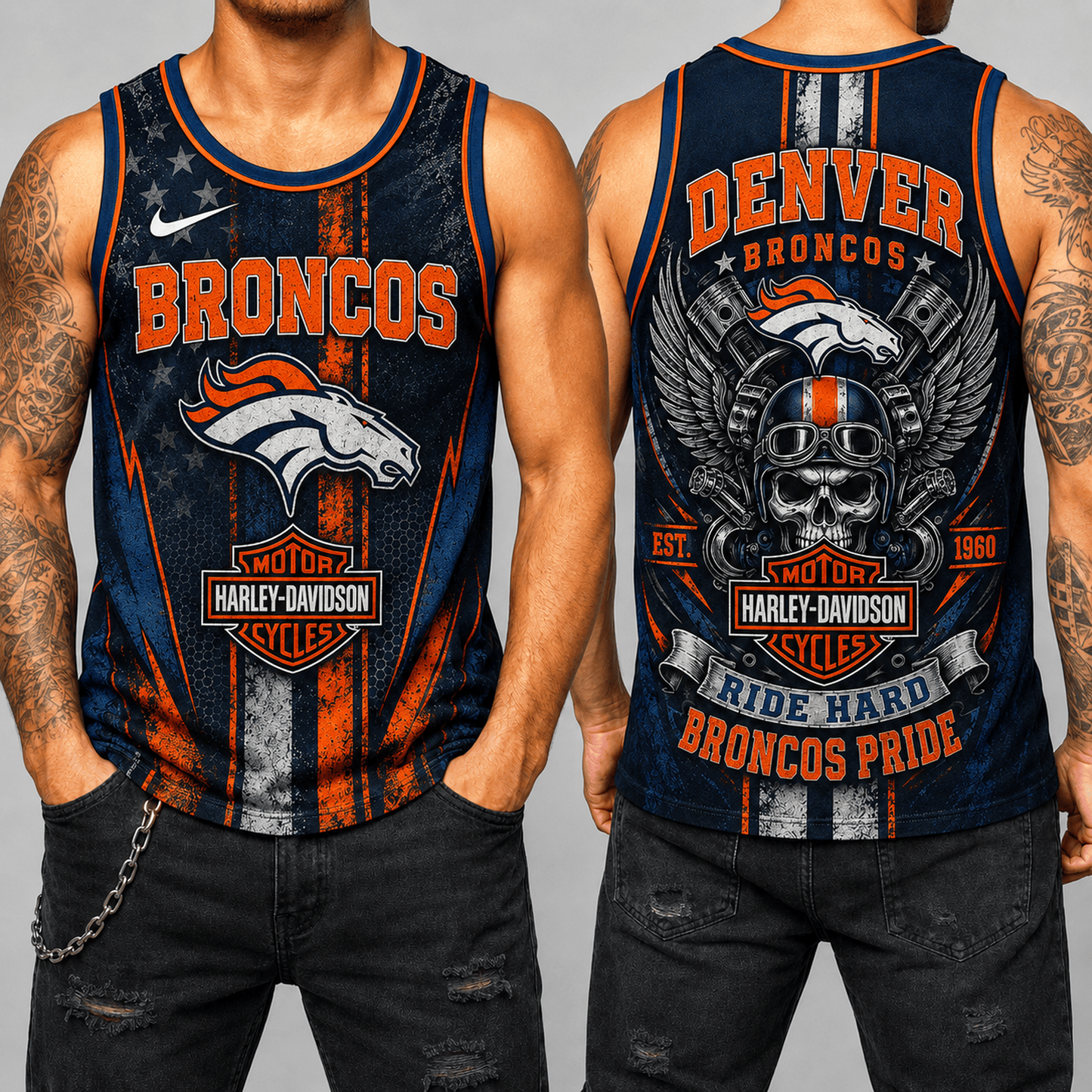 Premium NFL x DEN Motorcycle Skull Biker Ride Hard Tank Top 130626