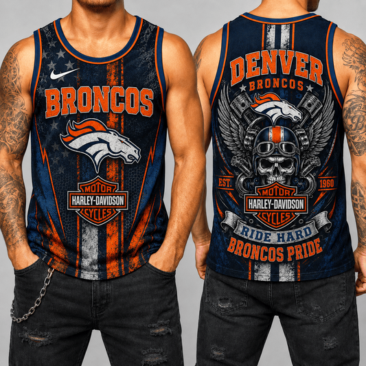 Premium NFL x DEN Motorcycle Skull Biker Ride Hard Tank Top 130626