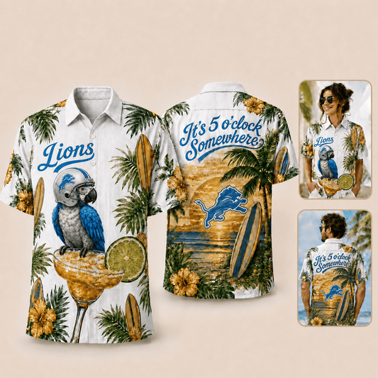 Premium NFL x DET It's 5 O'clock Somewhere Button Up Tropical Parrot Hawaiian Shirt 110626