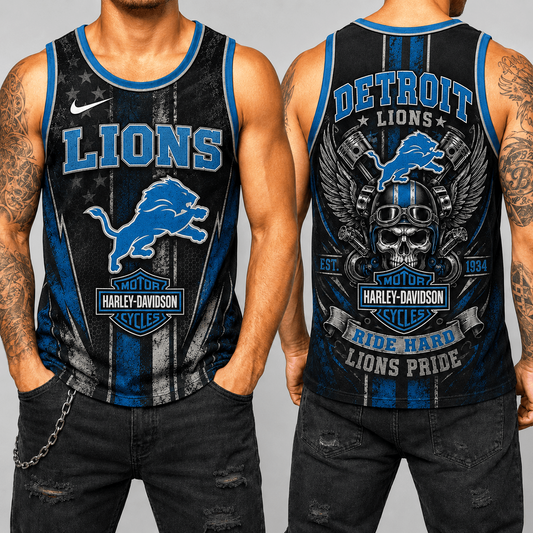 Premium NFL x DET Motorcycle Skull Biker Ride Hard Tank Top 130626