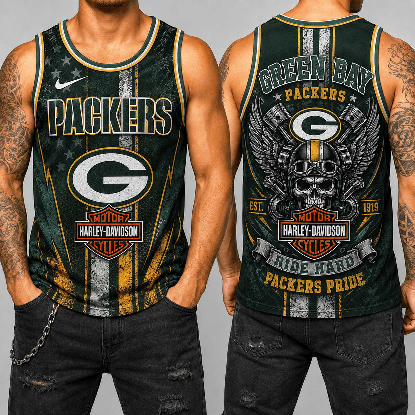 Premium NFL x GB Motorcycle Skull Biker Ride Hard Tank Top 130626